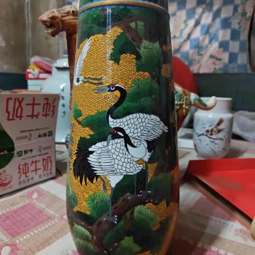 北京下乡收创汇时期 掐丝珐琅松鹤延年祝寿赏瓶全品寓意极好
