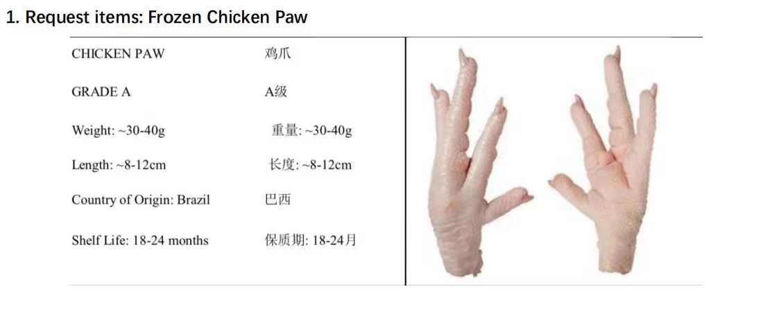  巴西凤爪鸡爪鸡脚期货A级35+ 试单2柜，年单10柜起