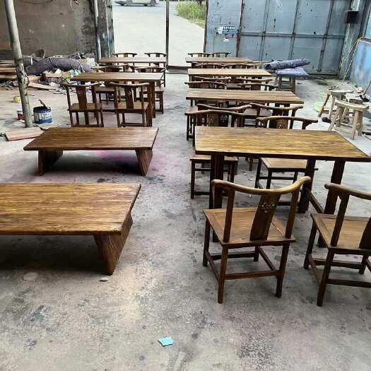 郓城县老榆木餐桌实木长条餐桌椅组合长方形家用小户型简约现代原木桌椅