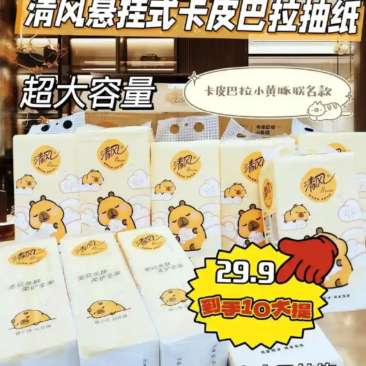 苏州清风挂抽10提卡皮巴拉纸巾整箱悬挂式抽纸4层加厚250抽家用
