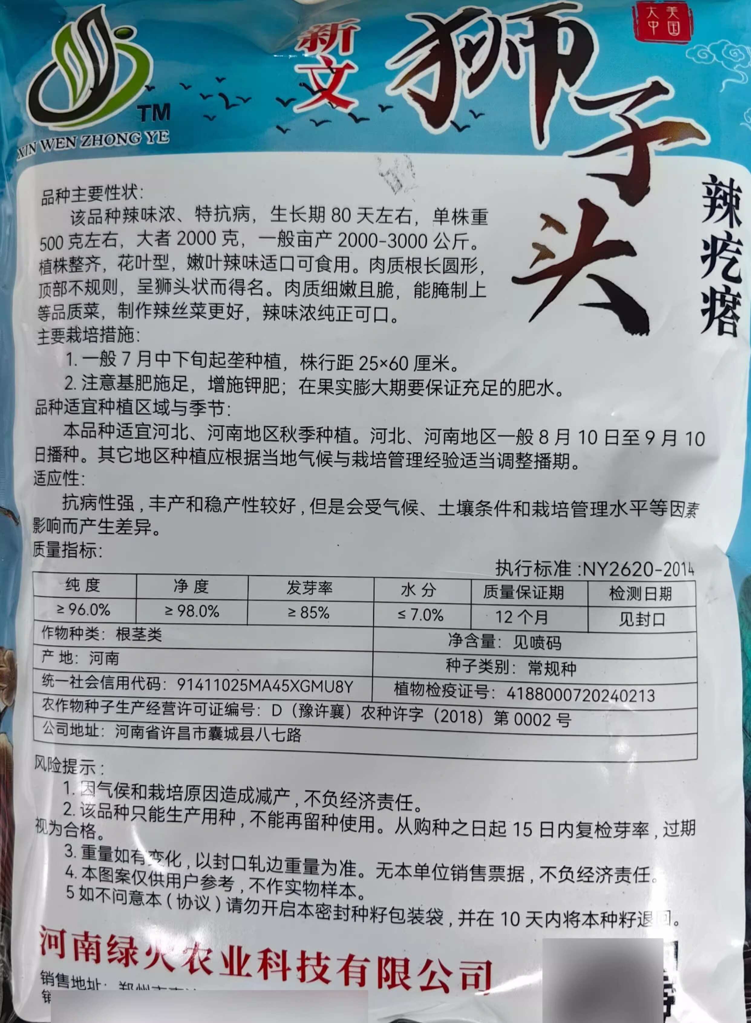 狮子头辣疙瘩芥菜种子 辣味浓 抗病 肉质细嫩且脆