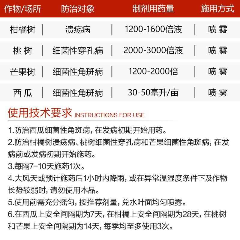 兴农永福45%春雷霉素喹啉铜柑橘溃疡细菌性角斑病穿孔病杀