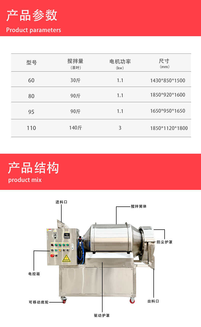 304不锈钢茶叶烘干加香机加厚滚筒搅拌机麦片花生玉米原料混合