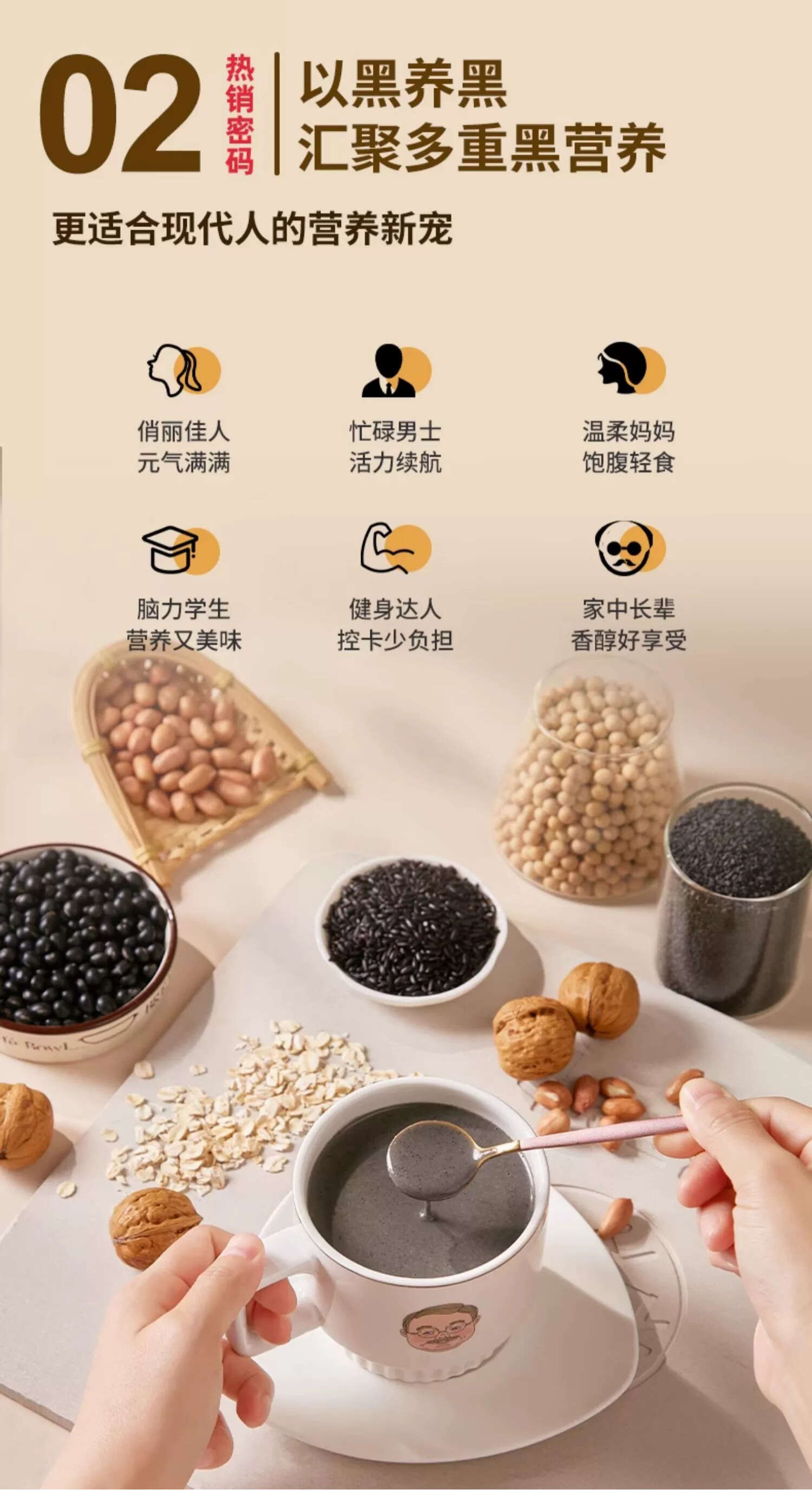 黑芝麻核桃黑豆粉无蔗糖营养早餐黑芝麻糊冲饮即食代餐粉600g