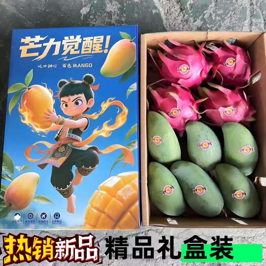 南宁金煌芒+金都红心火龙果9斤天地盖礼盒加外箱