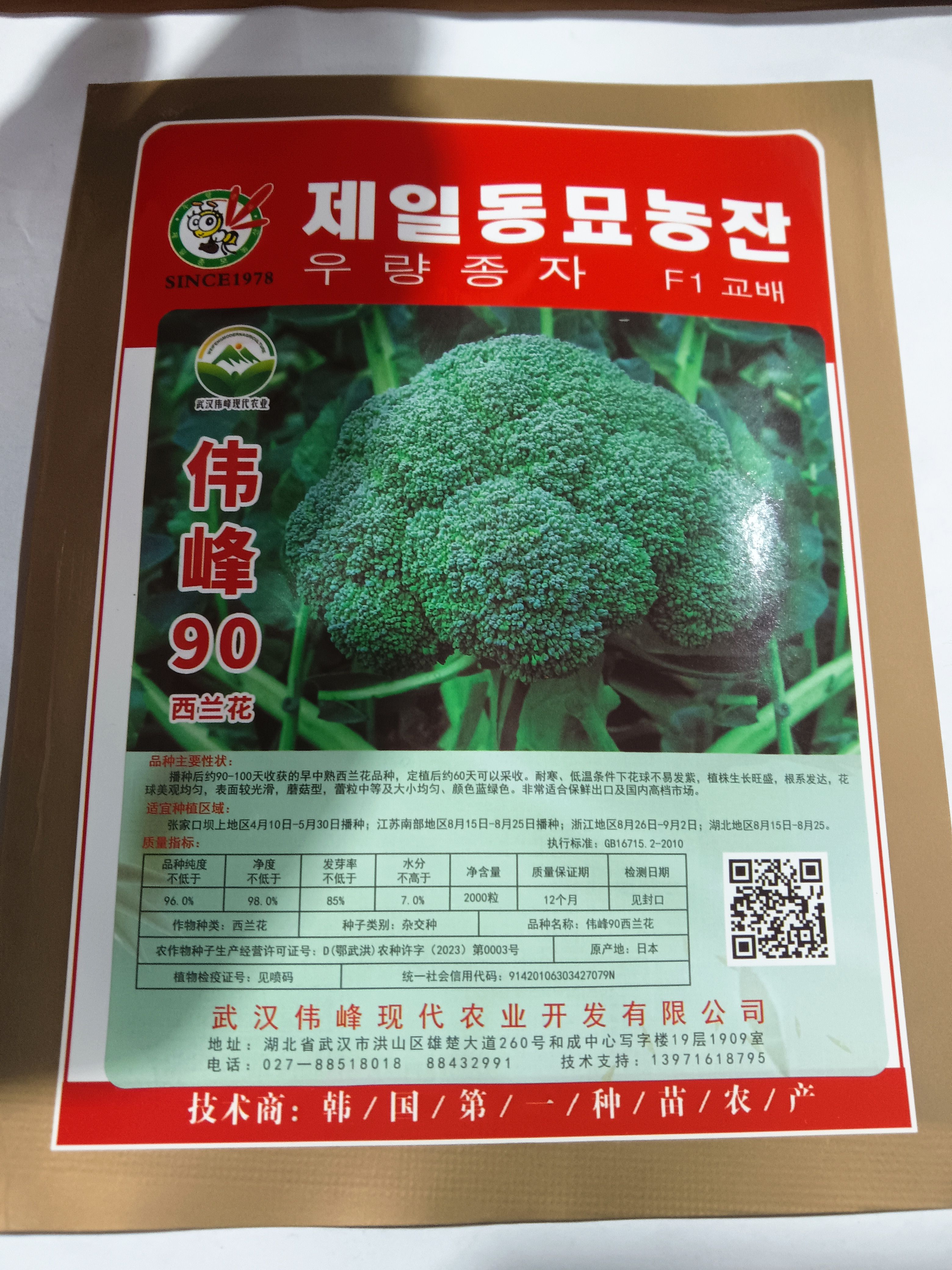 武汉伟峰 90 西兰花韩国优良西兰花种子出口专用稳产优质品种