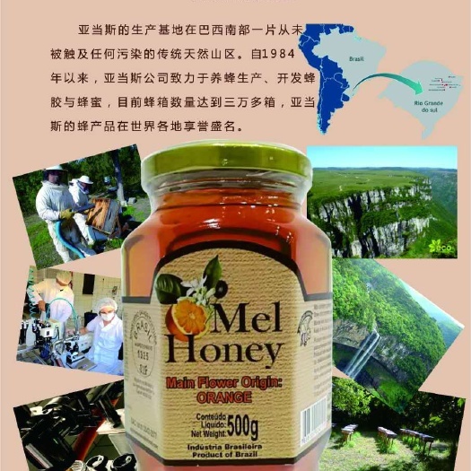 深圳 巴西原装单瓶装亚当斯橙花蜂蜜，原始雨林生产，清香可口。