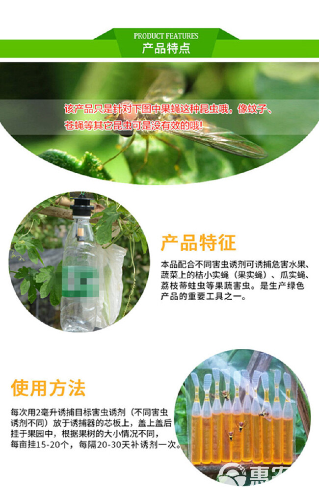  果蝇针蜂诱捕器果实蝇瓜果蔬菜花卉防虫诱虫性诱剂药水诱捕器