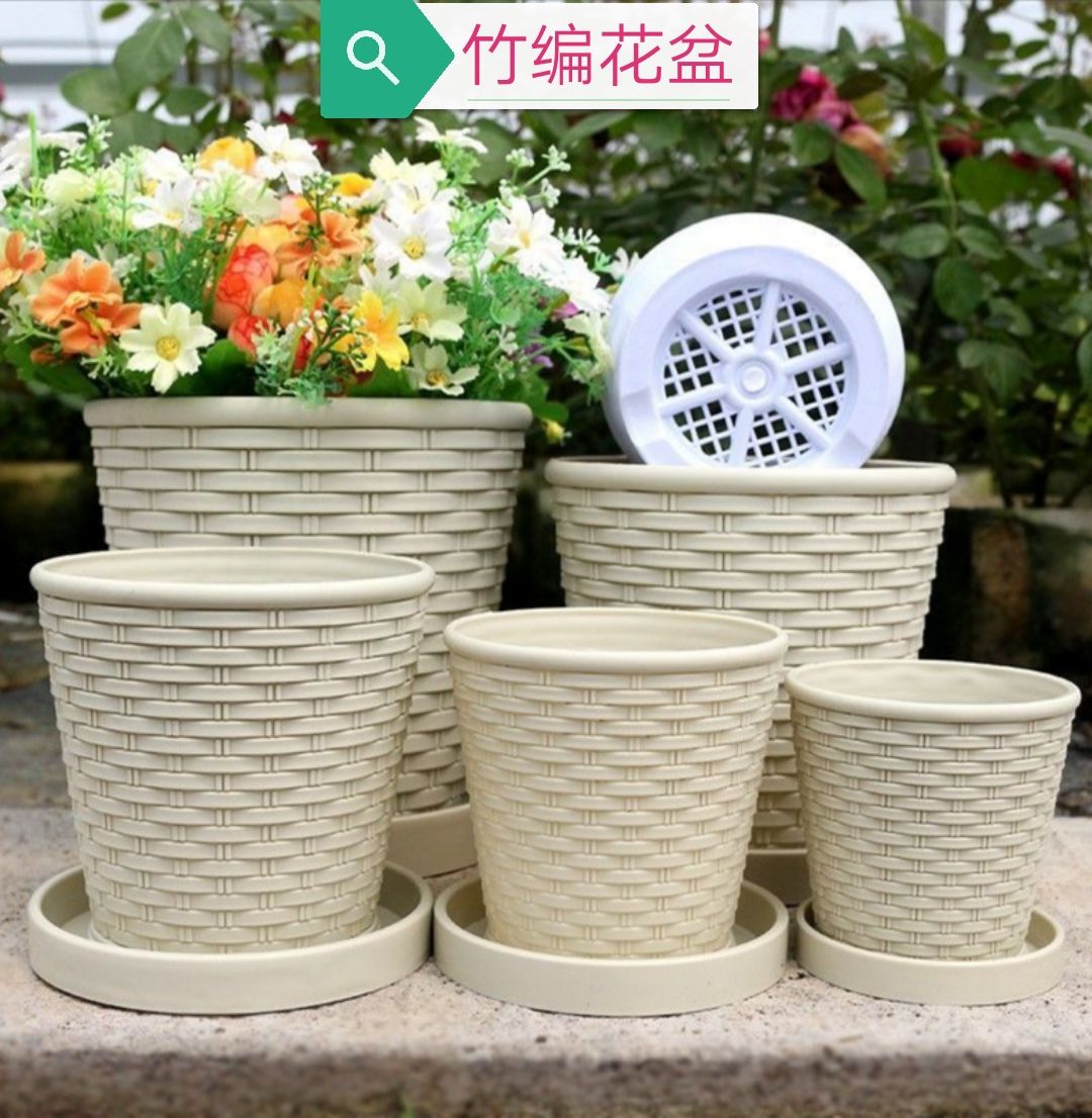 树脂花盆仿竹编款花卉绿植树脂花盆塑料花盆加厚加固简约多肉