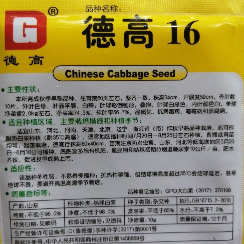原包装德高牌德高16大白菜种子耐热耐湿净含量10克/包