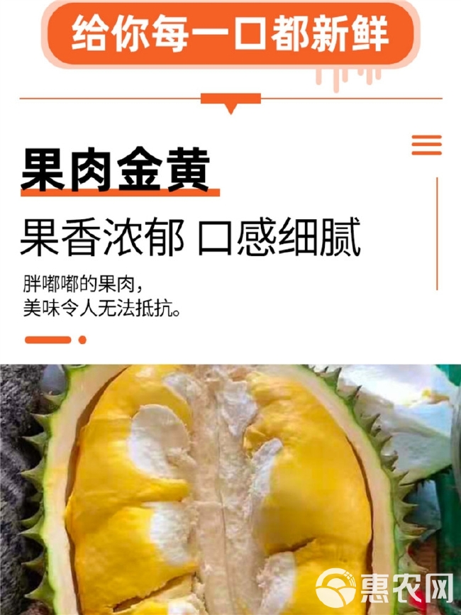 越南干尧新鲜榴莲色泽金黄，口感软糯，味道浓郁