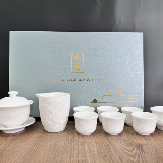 72道非遗工艺【拾物观心龙凤浮雕羊脂玉茶具套组润如玉透如纱