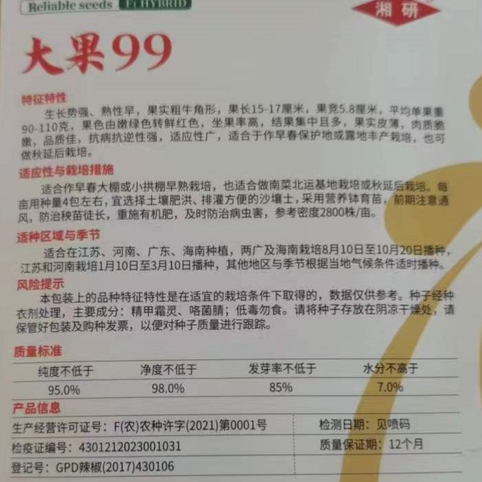 湖南湘研大果99辣椒种子早熟优质微辣粗长牛角椒籽皮薄肉脆嫩