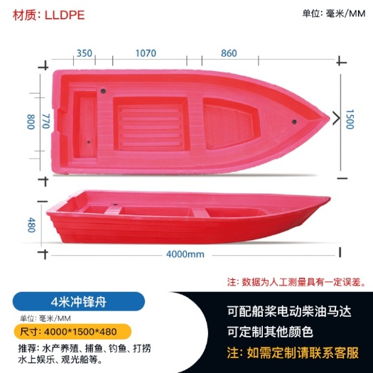 重庆市重庆4米水产养殖塑料渔船冲锋舟塑料厂批发
