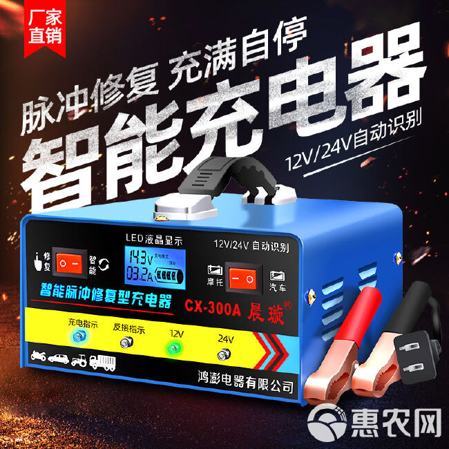 汽车电瓶充电器12V24V智能修复摩托车蓄电池充电机充满停机