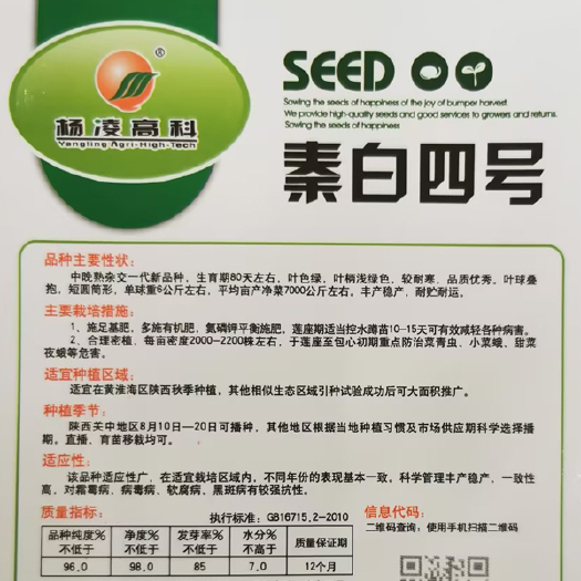 杨凌高科杨凌种子秦白大白菜种子秦白4号高抗泡菜白菜10克袋装