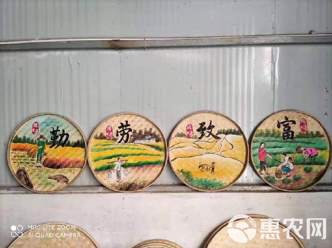 手绘竹制品竹筛圆簸箕画彩绘餐厅面店墙面挂画