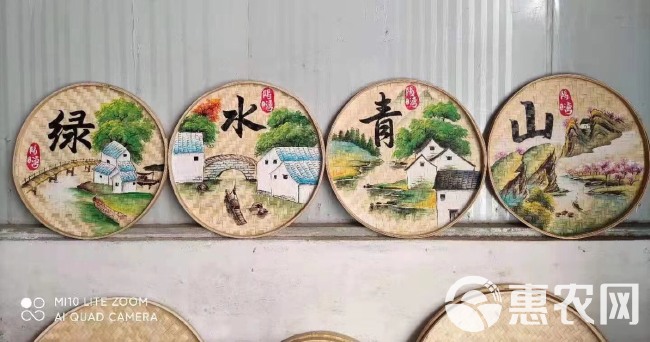 手绘竹制品竹筛圆簸箕画彩绘餐厅面店墙面挂画