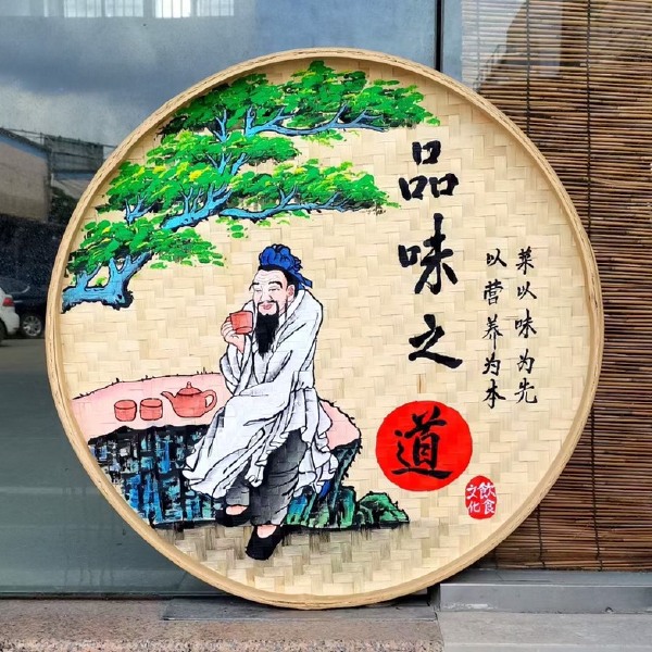 手绘竹制品竹筛圆簸箕画彩绘餐厅面店墙面挂画