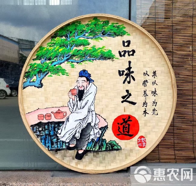 手绘竹制品竹筛圆簸箕画彩绘餐厅面店墙面挂画