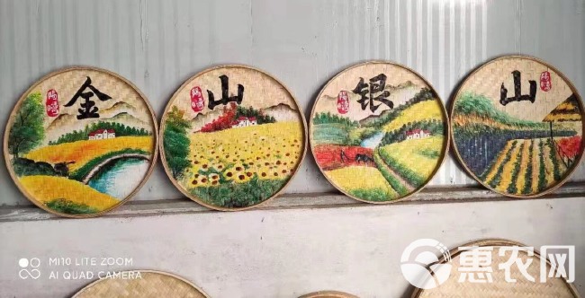 手绘竹制品竹筛圆簸箕画彩绘餐厅面店墙面挂画